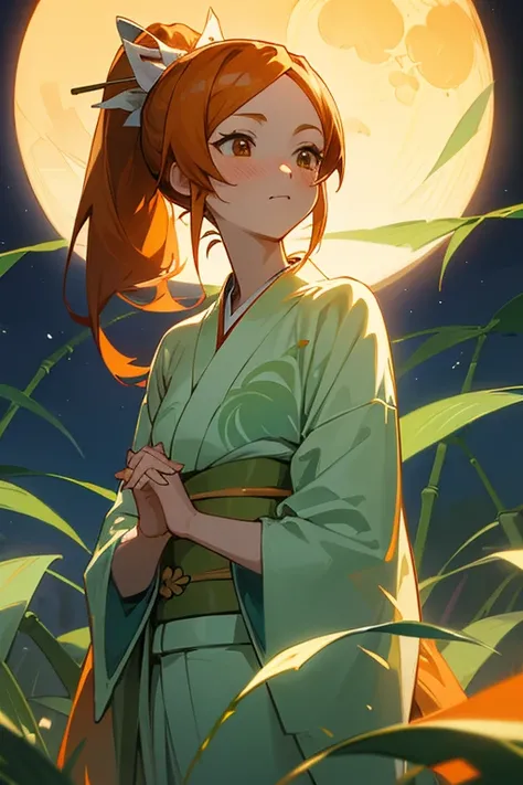 anime style, super fine illustration, super detailed, ,masterpiece,best quality,beautiful background,8K, On a summer night during Tanabata,Break background(Bamboo leaf,Beautiful Moon),Break perfect face,perfect hands,perfect fingers,(full-face brasched:1.3...