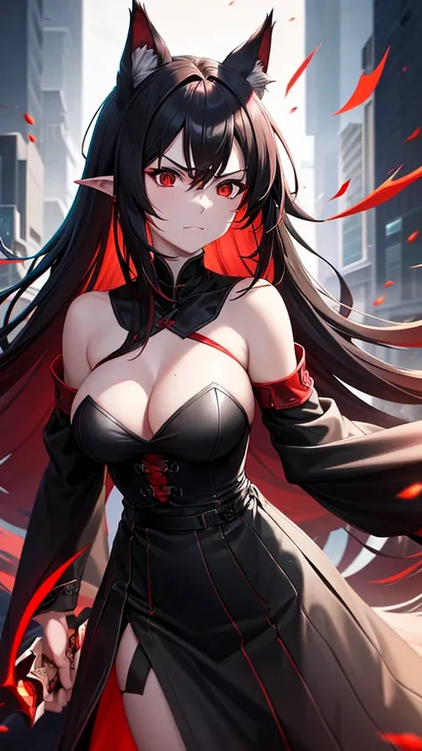 An adult woman, half wolf, black and red ears, ears down, red eyes, black and red hair, wide breasts, white dress, very angry, holding a sword