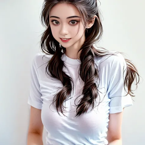 (masterpiece, best quality,:1.2), 1girl, (solo:1.3), upper body, white shirt, short sleeves, , (waifu, realistic, real life, exceptional, best aesthetic, new, newest, best quality, masterpiece:1.2), soft_lighting, soft_skin_tone, feminin_hair, (white backg...