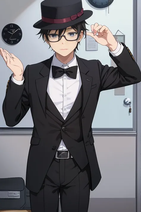 Young man, black shorts hair, eyes gray, glasses, black Fedora hat, black suit, black pants, clock pocket, strong