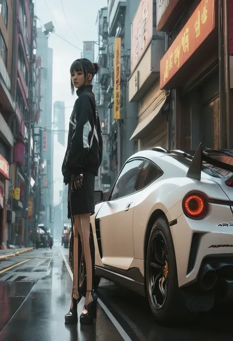 araffes standing on the side of a street with a white sports car, cyberpunk streetwear, hyper-realistic cyberpunk style, style of cyberpunk 2 0 7 7, wearing cyberpunk streetwear, akihiko yoshida. unreal engine, cyberpunk 2 0 y. o model girl, female cyberpu...