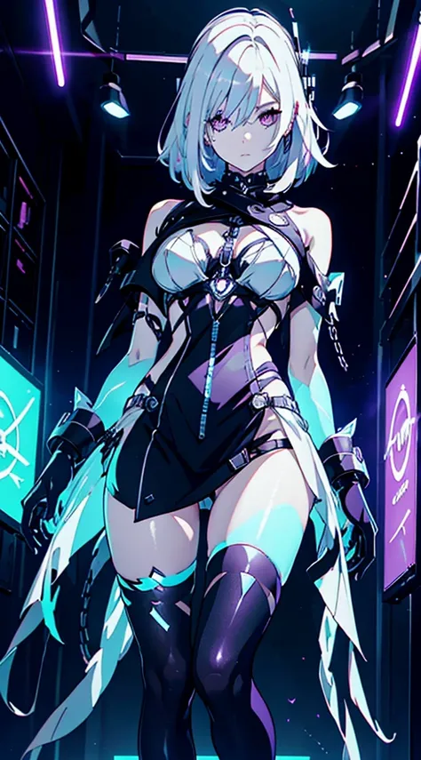 Android Girl,white hair,short and messy hair, purple neon eyes, Holding a chain whip, chains on the hands, circular chains over body, cute, skirt, white blouse, cyberpunk style, eletronic gloves, mecanic parts, eletronic details,living room background.HD l...