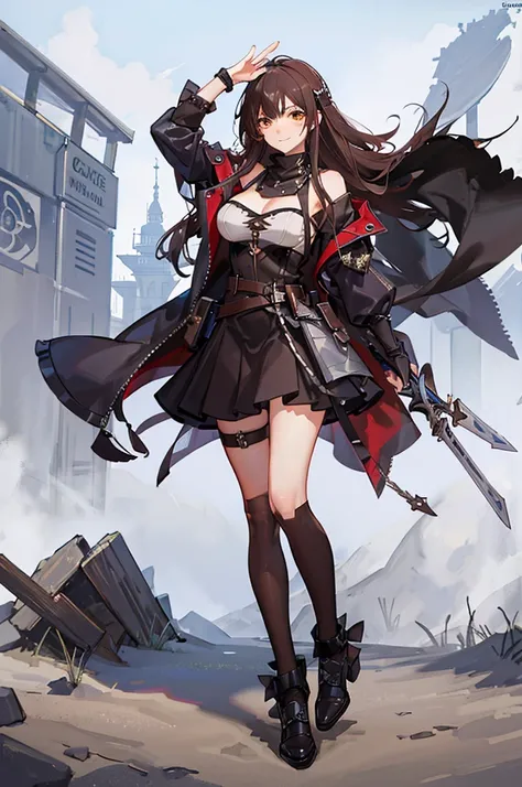 Royal sister，Mature，bandit，Robber Identity，Brown curly hair，Fantasy，Broadsword，expression，Smirk，shy，Blushing of the face，，Black socks，Soldier，fully armed，The weapon is a huge sword，
