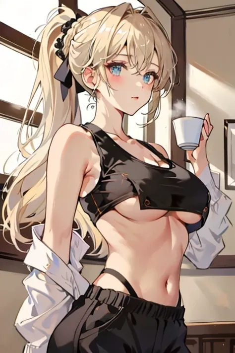 masterpiece、highest quality、Very detailed、An illustration、Beautiful fine details、One Girl、cute、Detailed landscape、Training Room Background:1.4、Platinum Blonde Hair、Braided Ponytail、Red camisole、((a cup breasts, Tank top showing underboob:1.3))
