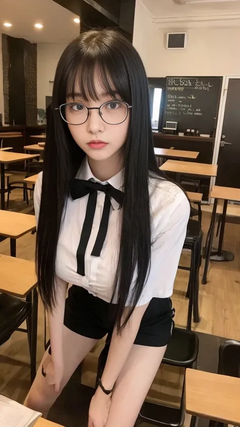 （Actually, the resolution is high.：1.3），Girl with a perfect figure, slender face and eyes, long black hair, student uniform.：1.2 shorts in a restaurant, very big breasts, showing breasts, wearing glasses, long hair, has bangs, has an Adam&#39;s apple. 