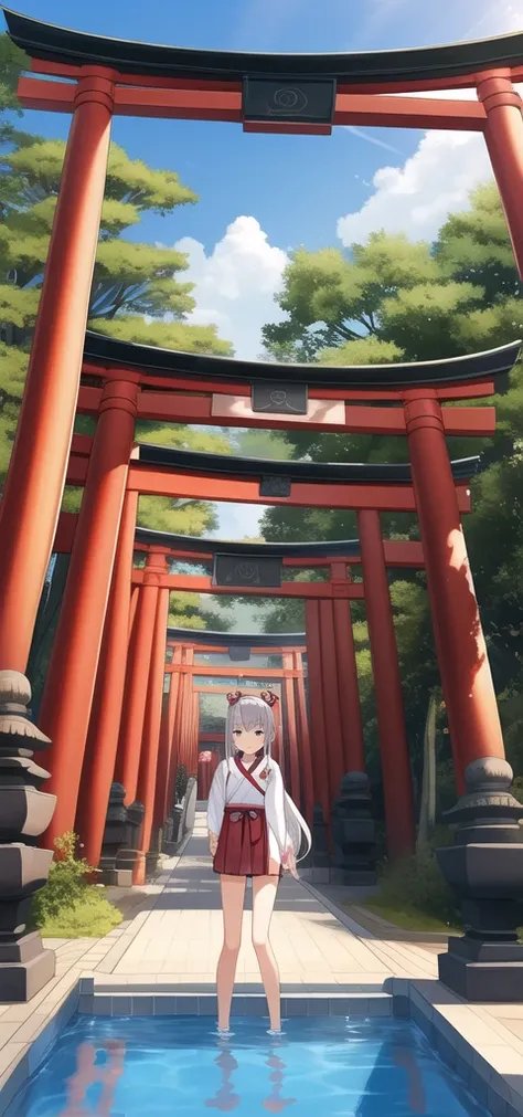 Girl、Edo Period、Pool、samurai、Gray Hair、There is a torii gate in the background