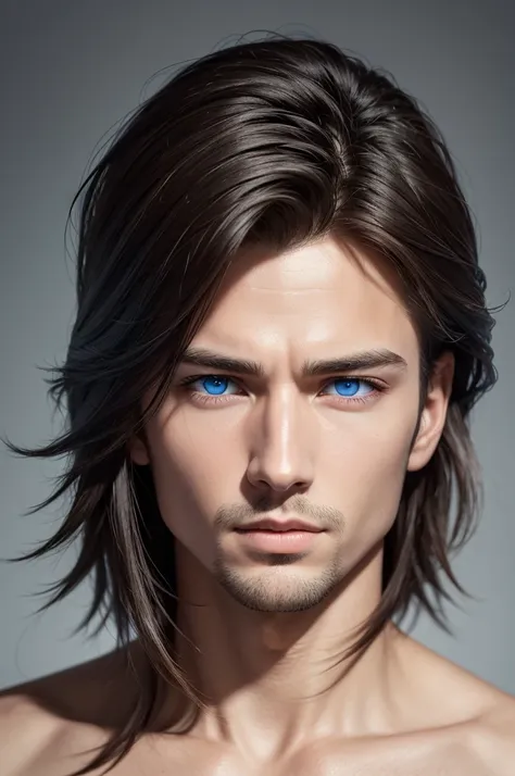 "Create a hyper-realistic, high-quality image of a male person with clear, detailed features. He has striking blue eyes and fair skin. The image should capture the fine details of his facial features, including the texture of his skin, the color and depth ...