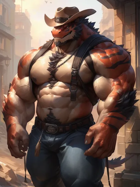 lindong, lucusold, lanxus, a man with a huge muscle, furry dessert lizard walking in dessert, backpack, cowboy hat, ((huge muscular:1.2, wide pectoral, thick arms, sixpack)), smile, thicc, lowres, giant and muscular, danbooru and artstation, heavy detailed...