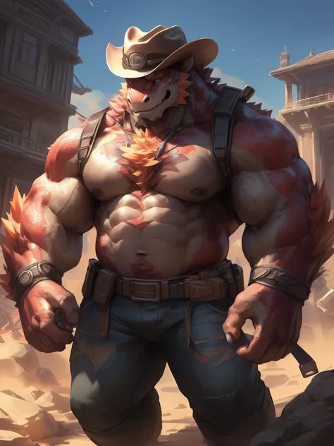 lindong, lucusold, lanxus, a man with a huge muscle, furry dessert lizard walking in dessert, backpack, cowboy hat, ((huge muscular:1.2, wide pectoral, thick arms, sixpack)), smile, thicc, lowres, giant and muscular, danbooru and artstation, heavy detailed...