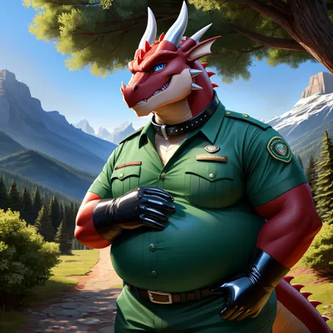 solo, full body, male, fat, extremely obese, dragon, park ranger, trousers, outdoor, park ranger uniform, collared shirt with bu...