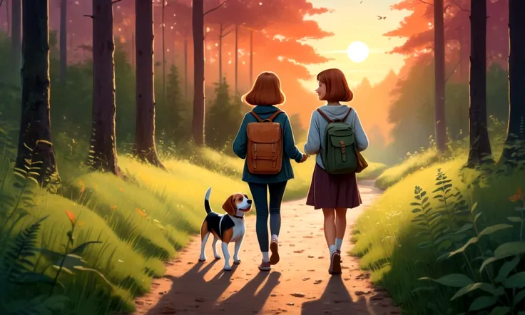 Draw her and her friend a beagle walking back along a forest trail at sunset, both smiling, with old diary in hand.