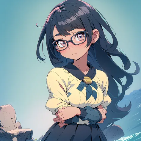 Elementary school girl with bob cut and glasses, touching her chest with both hands, large breasts, looking up, black hair, winking, seaside, pastel colors