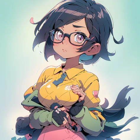 Elementary school girl with bob cut and glasses, touching her chest with both hands, large breasts, looking up, black hair, winking, seaside, pastel colors