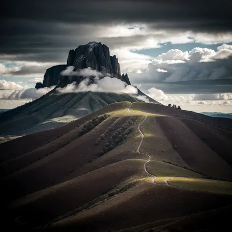 Black mountain under the dark sky with overcast clouds