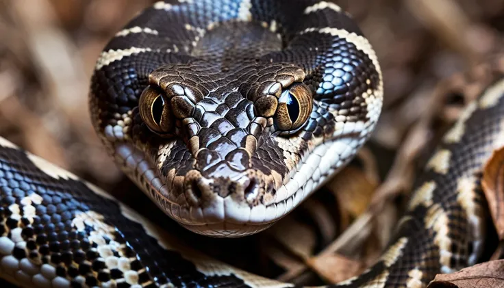 image of a boa snake looking directly at the camera, with a penetrating and mesmerizing look. the head appears to be moving, cre...