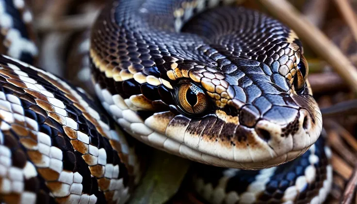 image of a boa snake looking directly at the camera, with a penetrating and mesmerizing look. the head appears to be moving, cre...