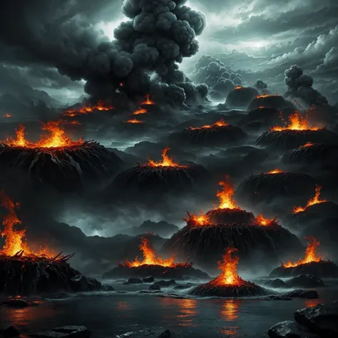 Angry water boiling spiralls rising between hell landscapes 🖤, surreal art, fantasy 