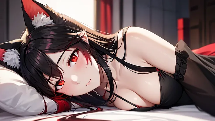 An adult woman, half wolf, black and red ears, ears down, red eyes, black and red hair, white dress, very shy, lying on the bed