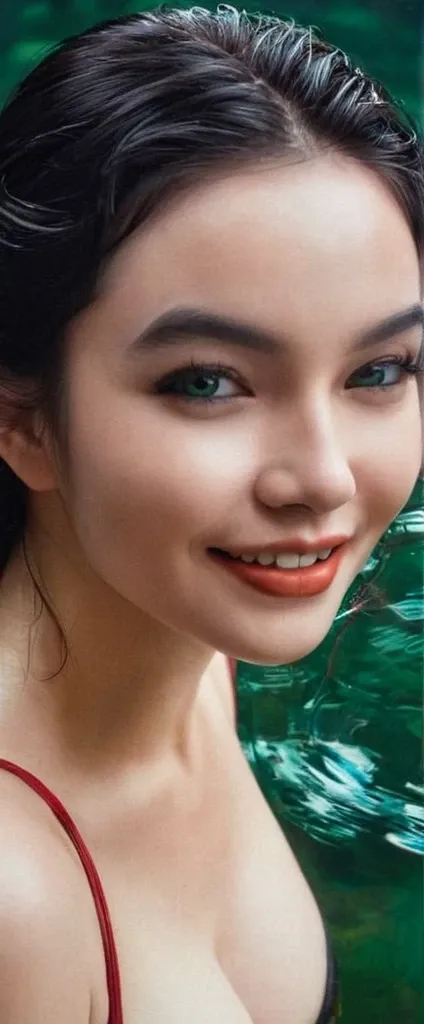 A beautiful woman, her shimmering reflection in the undulating surface of an emerald lake, captured in realistic, detailed portraits, the gentle curve of her smile reflected in the water, she said, her eyes sparkling like diamonds.