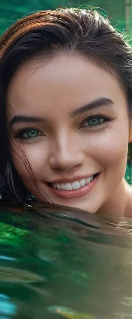 A beautiful woman, her shimmering reflection in the undulating surface of an emerald lake, captured in realistic, detailed portraits, the gentle curve of her smile reflected in the water, she said, her eyes sparkling like diamonds.