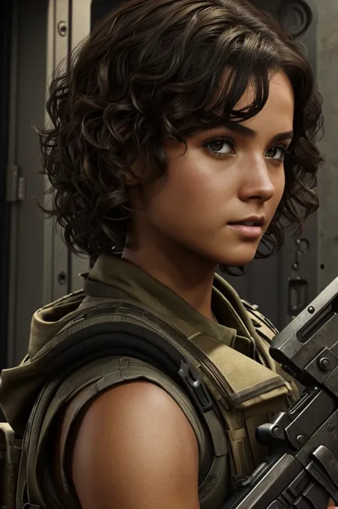 Girl that she is the best shooter in all the task force base, she haves short curly dark brown hair and cinnamon skin /call of duty style/