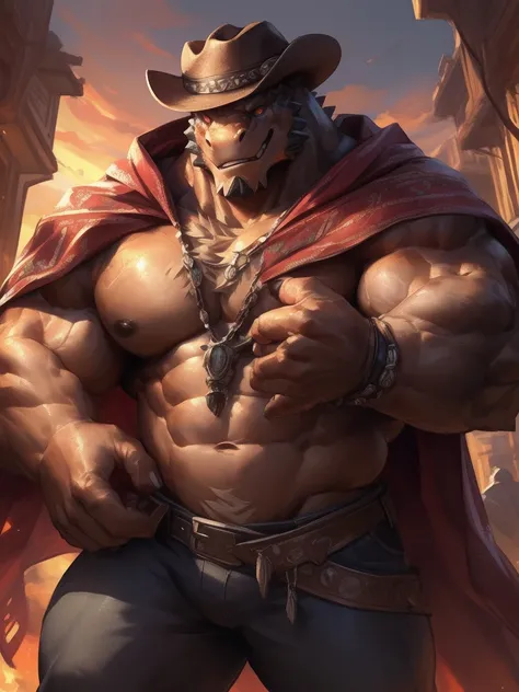 lindong, lucusold, lanxus, a man with a huge muscle, furry dessert lizard walking in dessert, cowboy hat, ((huge muscular:1.2, wide pectoral, thick arms, sixpack)), smile, thicc, lowres, giant and muscular, danbooru and artstation, heavy detailed, insanely...