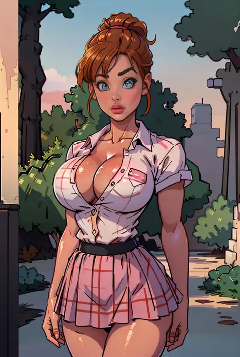 (best quality,4k,8k,highres,masterpiece:1.2),ultra-detailed,realistic,sexy high school girl with orange hair in a garden setting,beautiful detailed eyes, beautiful detailed lips,extremely detailed eyes and face,long eyelashes,flawless skin,pink panties pee...