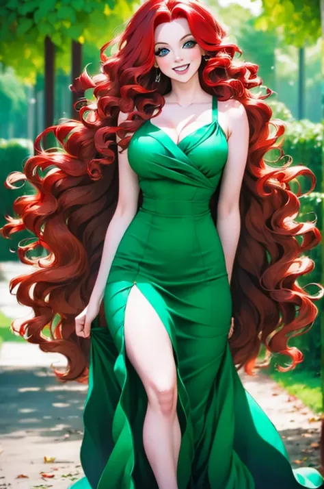 hd, (best detail) (best quality), redhead woman posing for photo with long red hair and green dress, mature and gorgeous, natura...