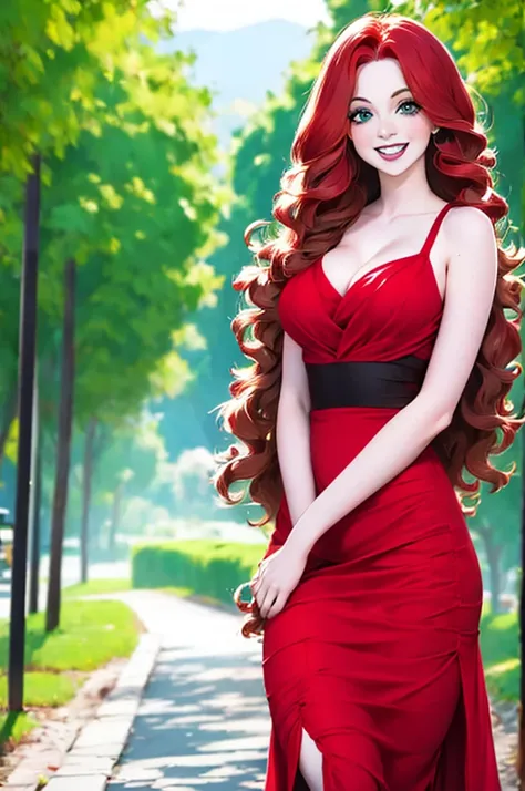 hd, (best detail) (best quality), redhead woman posing for photo with long red hair and green dress, mature and gorgeous, natura...