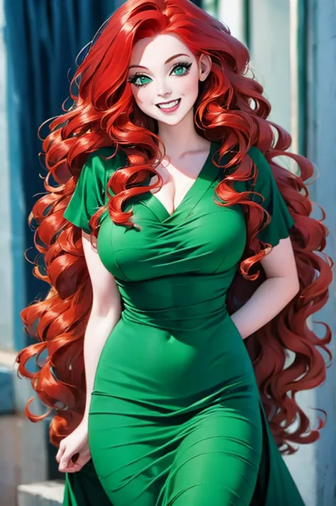 HD, (Best Detail) (Best Quality), redhead woman posing for photo with long red hair and green dress, mature and gorgeous, natural light and shadow