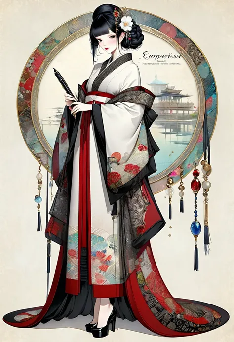 A Beautiful empress, porcelain white, black hair, wearing a traditional ornate robe, Harrison Fisher and Catrin Welz-Stein, pen and ink lines, calligraphic lines, vivid colours, highly detailed, ((Full body picture))