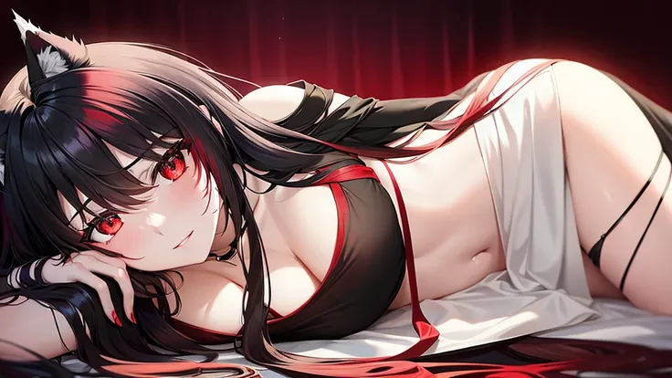 An adult woman, half wolf, black and red ears, ears down, red eyes, black and red hair, white dress, very shy, lying down