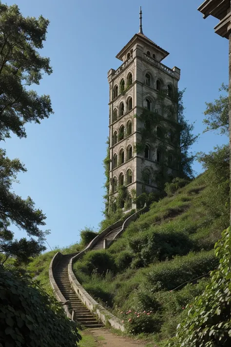 I want a tower covered in rose bushes seen from a ground-level but nearby perspective that looks deteriorated and abandoned but the image has a tinge of nostalgia that is located on the side of a ravine overlooking the sea