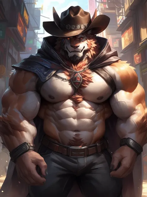 lindong, lucusold, lanxus, a man with a huge muscle, furry white lion, cyberpunk era, cowboy hat, ((huge muscular:1.2, wide pectoral, thick arms, sixpack)), smile, thicc, lowres, giant and muscular, danbooru and artstation, heavy detailed, insanely inflate...