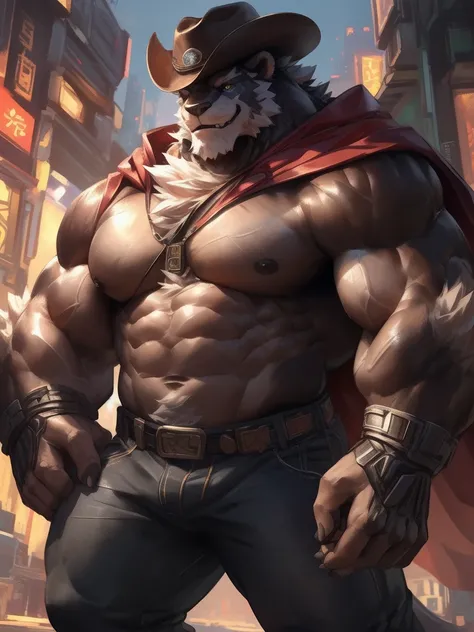 lindong, lucusold, lanxus, a man with a huge muscle, furry white lion, cyberpunk era, cowboy hat, ((huge muscular:1.2, wide pectoral, thick arms, sixpack)), smile, thicc, lowres, giant and muscular, danbooru and artstation, heavy detailed, insanely inflate...