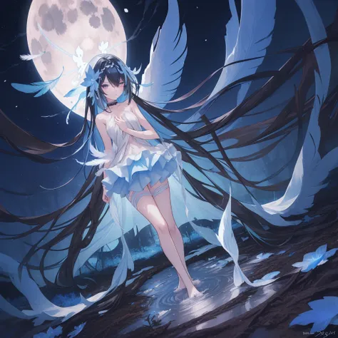 ((A long shot)) of a black-haired anime teen girl, (((standing in a muddy forest with mud covered in her body))), ((strong moonlight)), cinematic light, slim body, skin is perfectly healthy, soft, and smooth, Extremely delicate and beautiful CG illustratio...