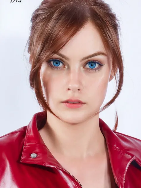 arafed woman with blue eyes and a red leather jacket, stunning closeupheadshot, female marty mcfly, red contact lenses, portrait anime kaya scodelario, valentina remenar, looks like christina ricci, realistic cosplay, elena masci, dasha taran, clara oswald...