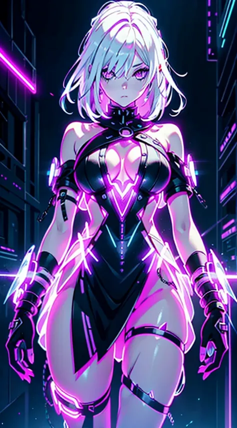 Android Girl,white hair,short and messy hair, purple neon eyes, Holding a chain whip, chains on the hands, circular chains over body, cute, skirt, white blouse, cyberpunk style, eletronic gloves, mecanic parts, eletronic details,living room background.HD l...