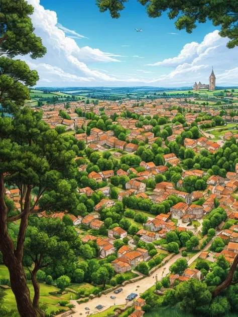 ((masterpiece)),((best quality)),((high detail)),((realistic,)) ((ultra detailed)) landscape of a small medieval town, cartoonist illustration, aeria view, beautiful sky, deformed clouds, 1.3:pine trees, towers.