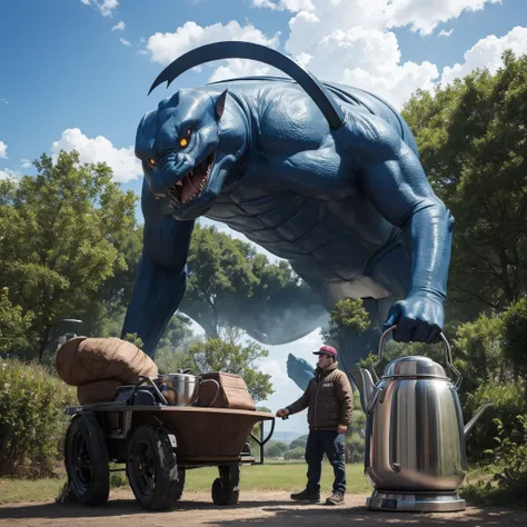 Giant creature in the shape of Kettle, funny and grandiose 