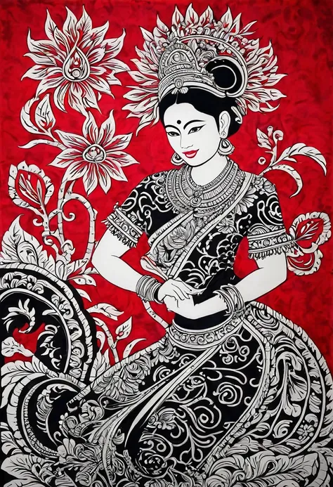 balinese batik painting, using red, black and white color