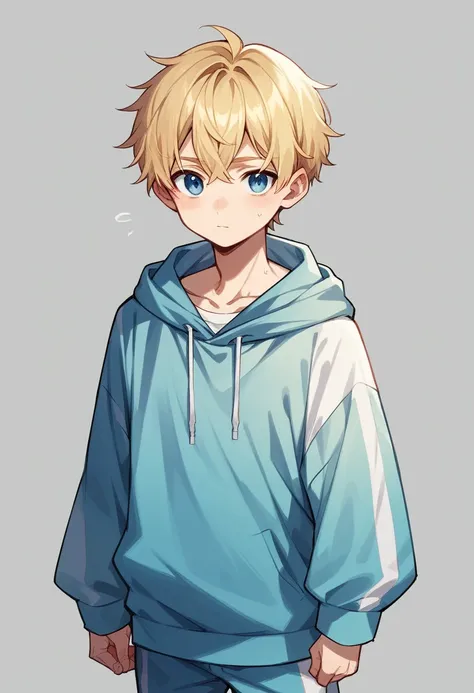 Young man with blue eyes, medium length blonde hair, Thin frame, Medium height. Wearing an oversized hoodie and track pants.