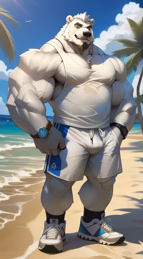 huge muscular polar bear in street city, big smile, polar bear, huge white fur, thick arm, huge arm, bearded. white hair and beard, bearded, (muscular, pectoral, wide pectoral, thick arms), beach, palm, realistic, 8k, masterpiece, (wearing white shorts, wr...