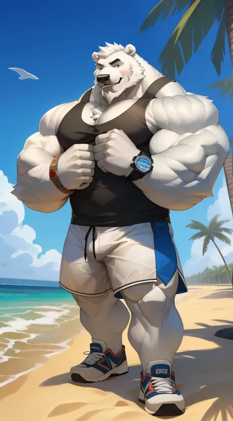 huge muscular polar bear in street city, big smile, polar bear, huge white fur, thick arm, huge arm, bearded. white hair and beard, bearded, (muscular, pectoral, wide pectoral, thick arms), beach, palm, realistic, 8k, masterpiece, (wearing white shorts, wr...