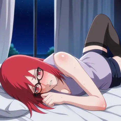 Red hair, 1 Girl, Glasses, Long hair, Red Eyes, Solitary, Long gown, Black over-the-knee stockings, 黑色shorts, Umbilical cord, Looking at the audience，No students, Japanese cartoons screencap, Japanese cartoons coloring,src_Japanese cartoons,Naruto (series)...