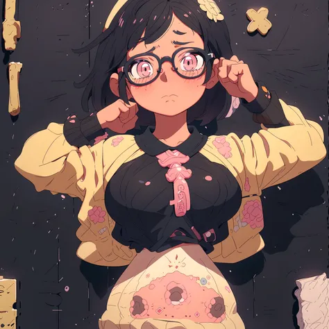 A bob-cut elementary school girl wearing glasses without underwear, rubbing her breasts with both hands, large breasts, looking up, black hair, winking, inside school, pastel colors, sad