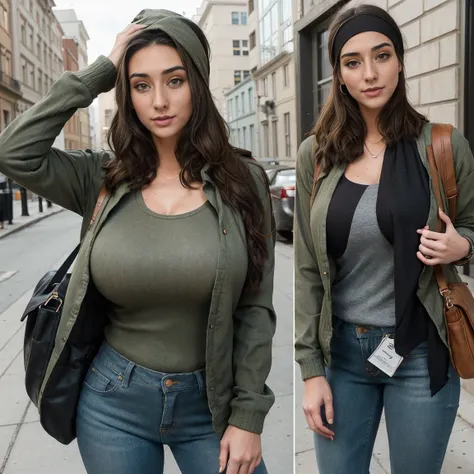 Extremely busty thin and toned brunette photographer, college girl, fair skin, loose side sweep, soft face, athletic, bandana babushka headwrap, tight olive green casual windbreaker, skinny jeans. standing in front of her apartment building, outdoors, city...