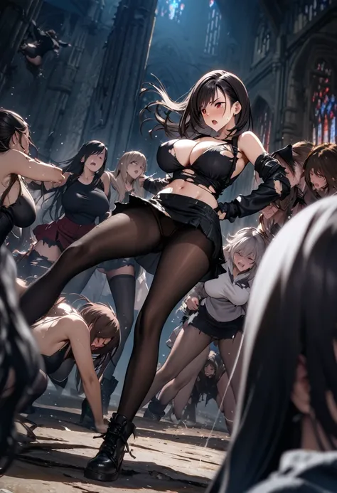 masterpiece, 最high quality, High resolution,  Final Fantasy 7、Tifa Lockhart、Black torn clothes 、Black ripped pantyhose、Dark church at night、sexy、Wearing a mini skirt、Thin legs、Big Breasts、Slim figure、high quality　CG Tone、Torn black panties、Defeat scene、Los...