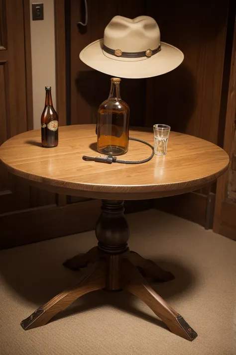 A table with a bottle, a cowboy hat and a 38 caliber revolver 