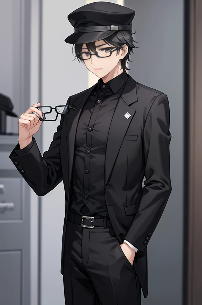 Young man, black shorts hair, eyes gray, glasses, black Fedora hat, black suit, black pants, pocket clock, strong